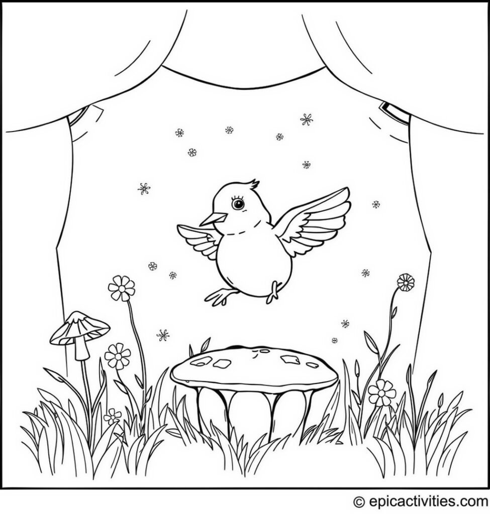 Coloring page of a cute bluebird dancing on a mushroom stage with fireflies as spotlights
