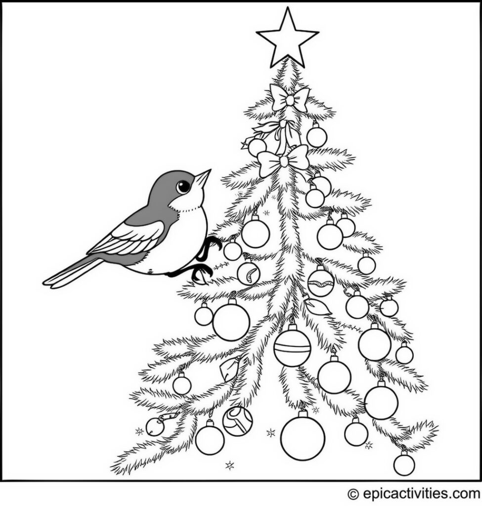 Coloring page of a cute bluebird decorating a Christmas tree