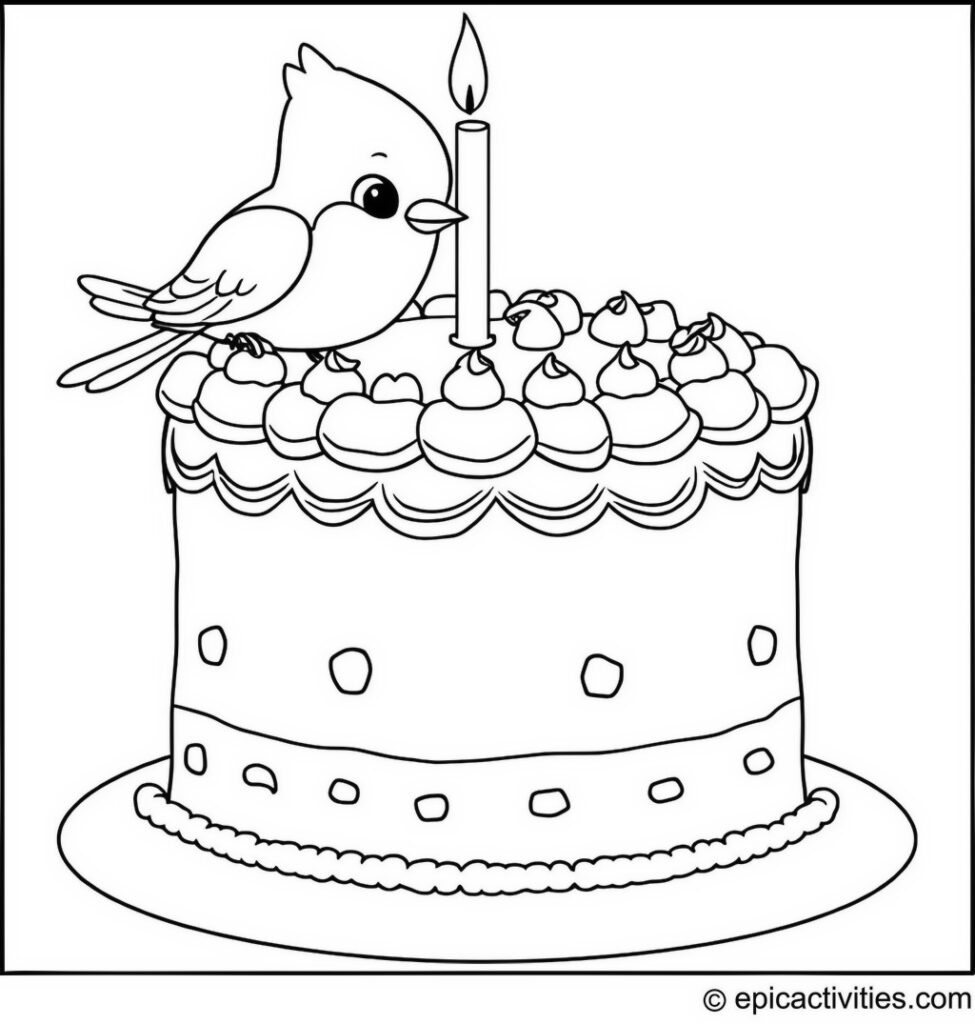 Coloring page of a cute bluebird decorating an oversized birthday cake
