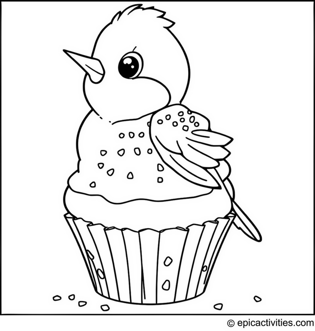 Coloring page of a cute bluebird decorating a cupcake with sprinkles
