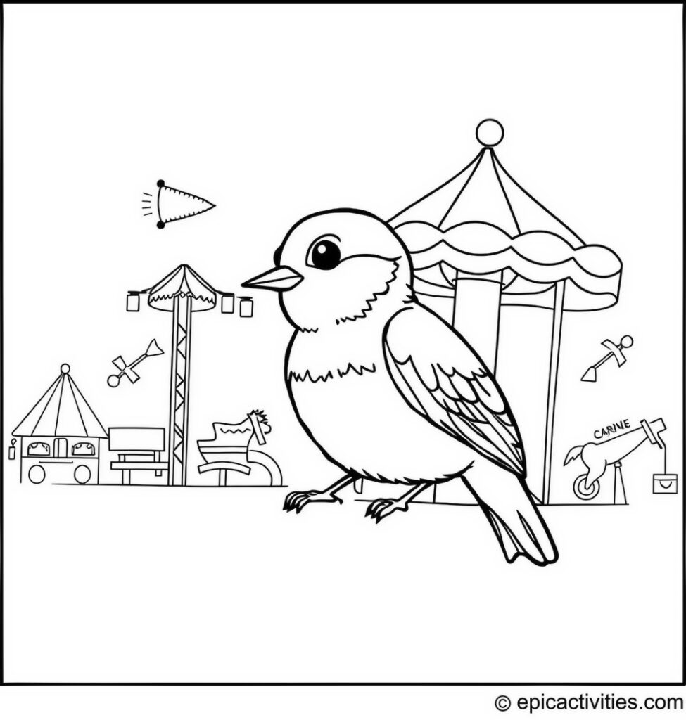 Coloring page of a cute bluebird exploring a carnival with colorful rides