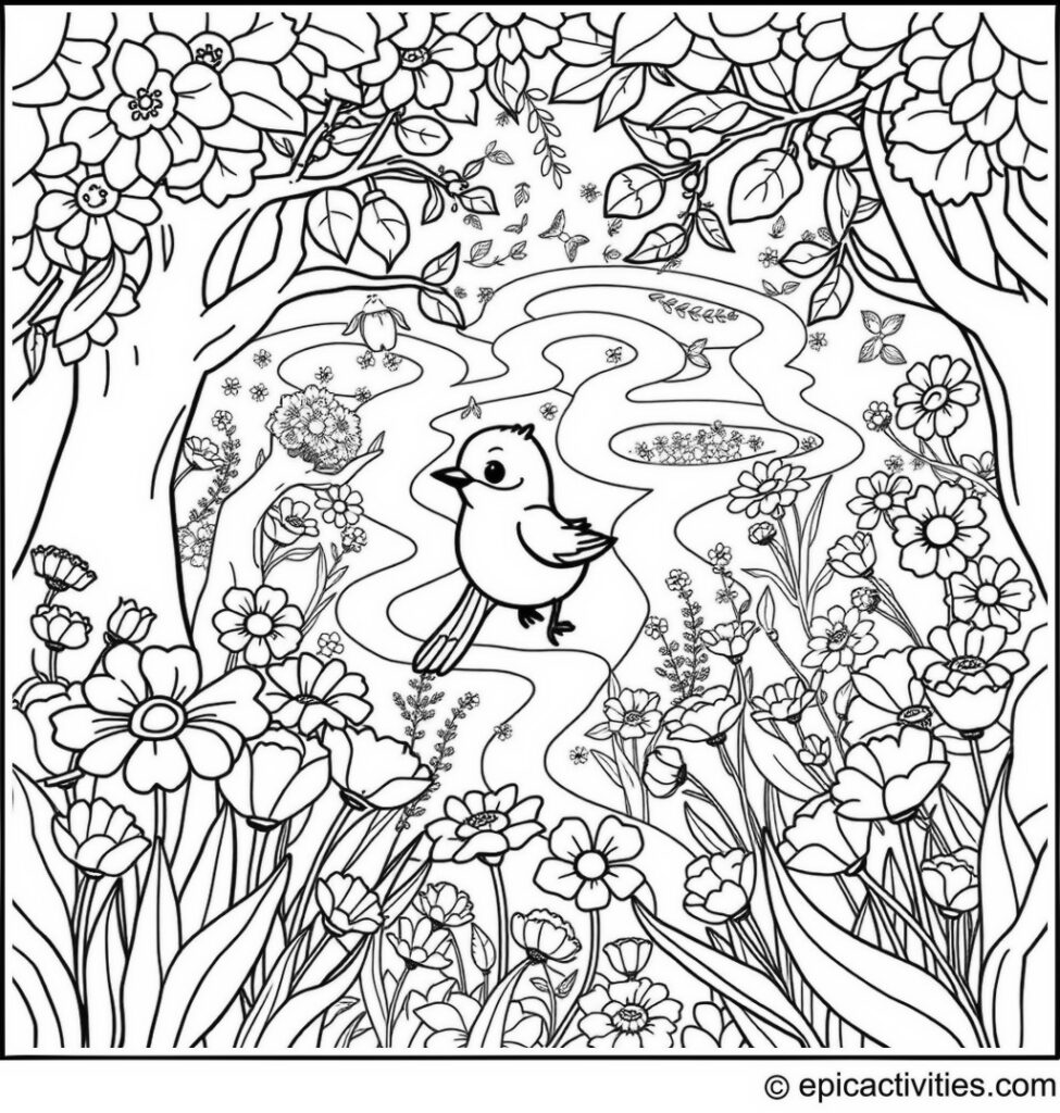 Coloring page of a cute bluebird exploring a maze garden