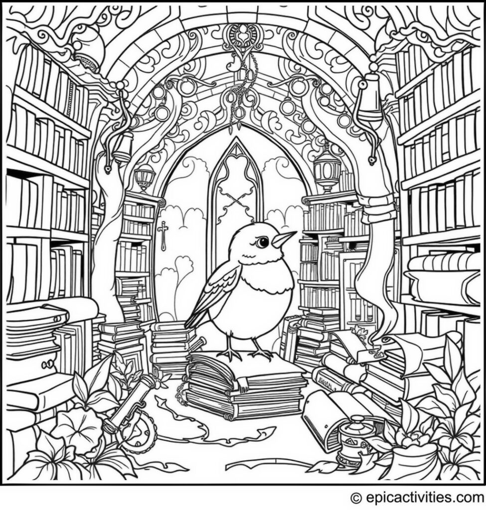 Coloring page of a cute bluebird exploring a fantasy library