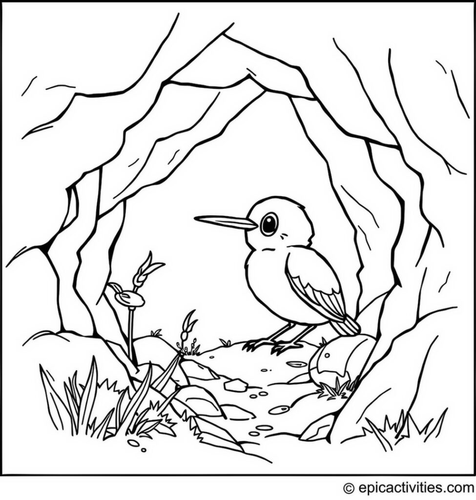 Coloring page of a cute bluebird exploring a hidden treasure cave