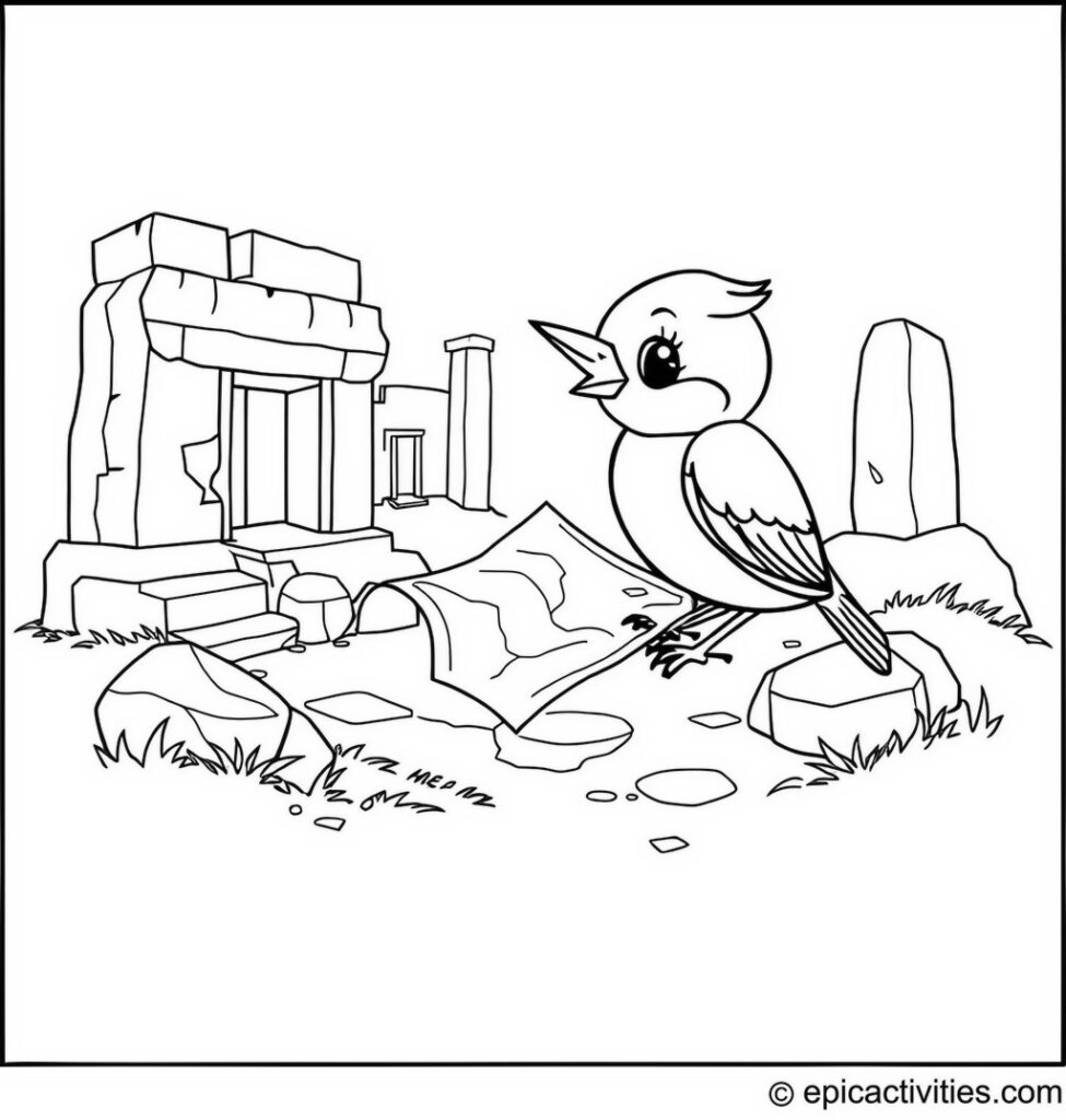 Coloring page of a cute bluebird exploring an ancient ruin with a map