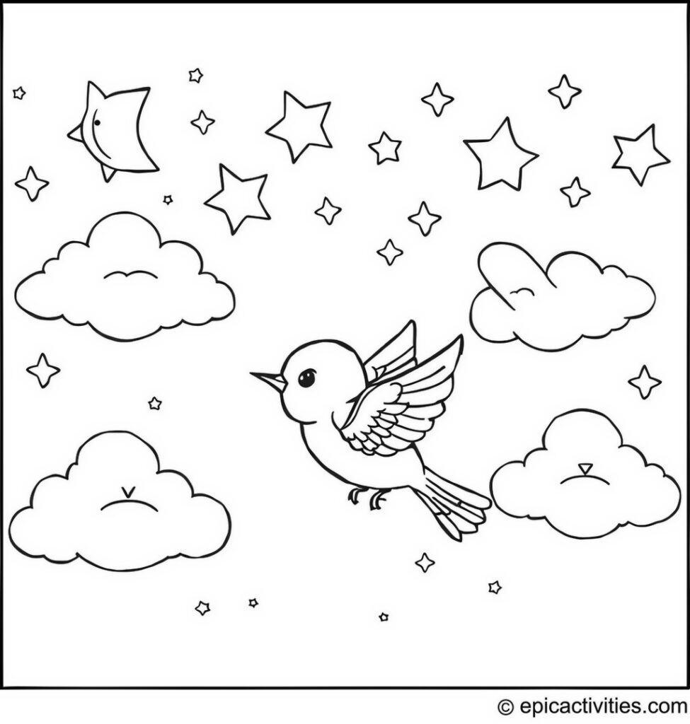 Coloring page of a cute bluebird gliding through a dreamy night sky with animal-shaped stars and clouds