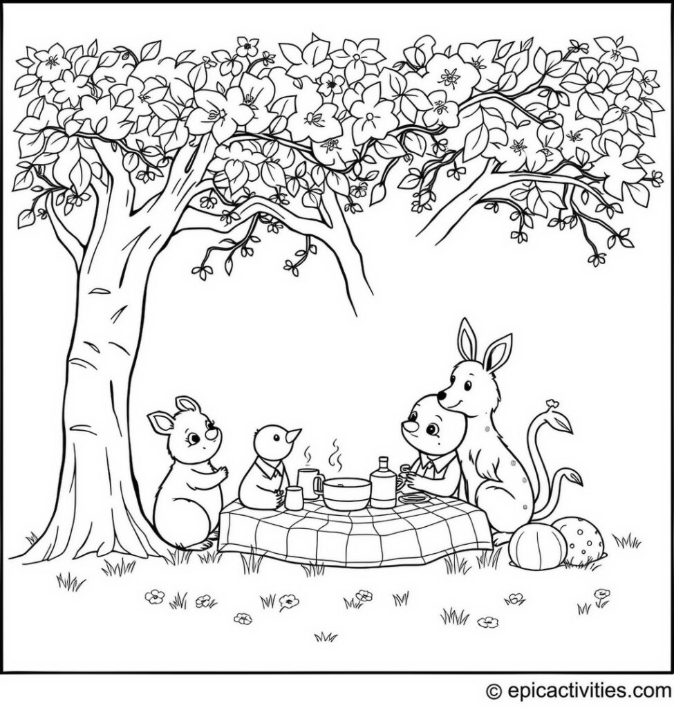 Coloring page of a cute bluebird having a picnic with animal friends under a big tree