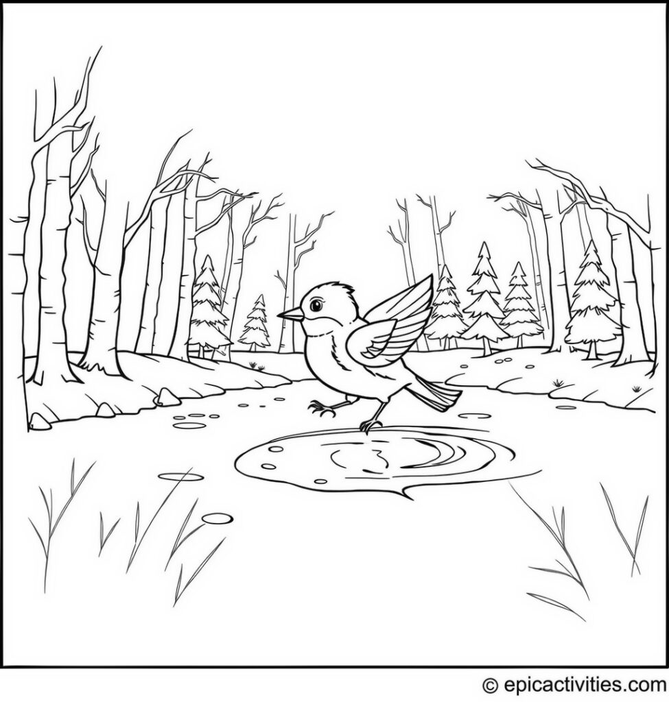 Coloring page of a cute bluebird ice skating on a frozen pond in the forest