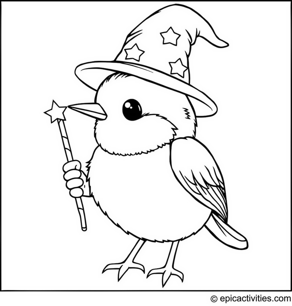 Coloring page of a cute bluebird in a wizard’s hat with a magic wand