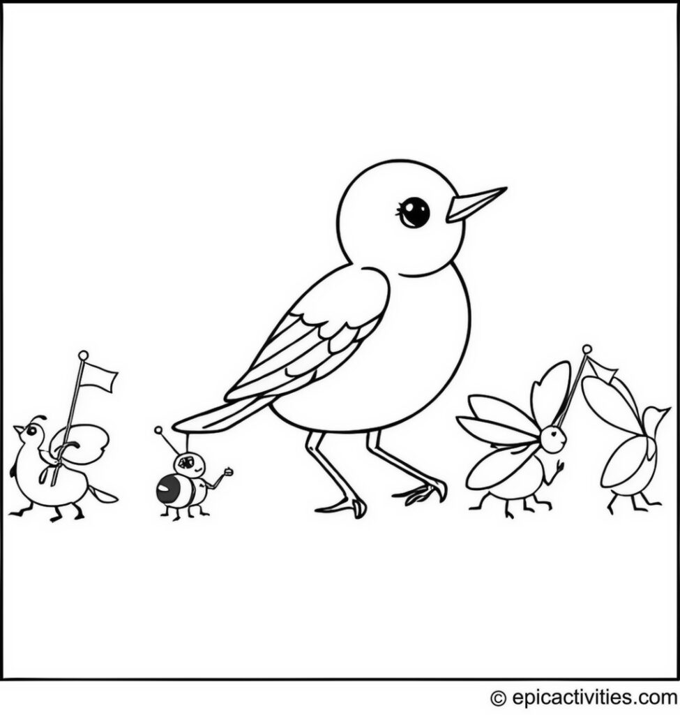 Coloring page of a Cute Bluebird Leading a Parade of Insects with Flags