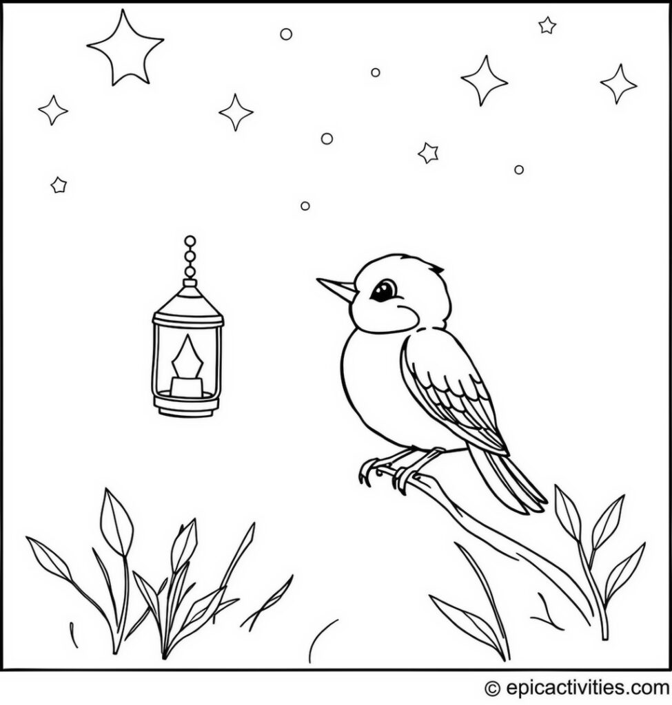 Coloring page of a Cute Bluebird Lighting a Lantern on a Starry Night