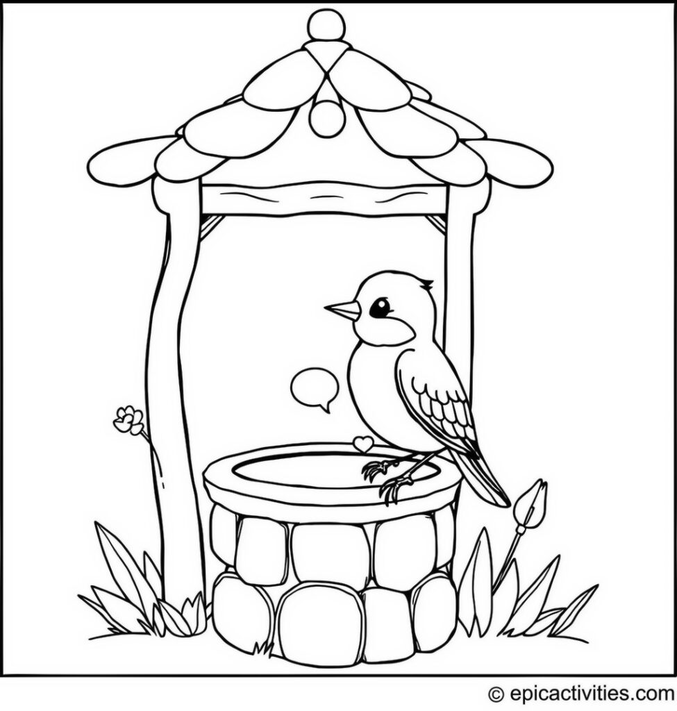 Coloring page of a cute bluebird making a wish in a fairy-tale wishing well