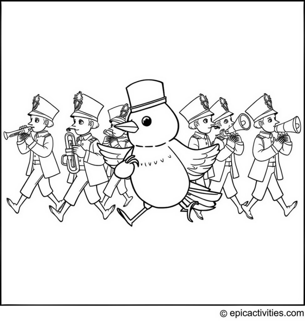 Coloring page of a Cute Bluebird Marching in a Whimsical Band