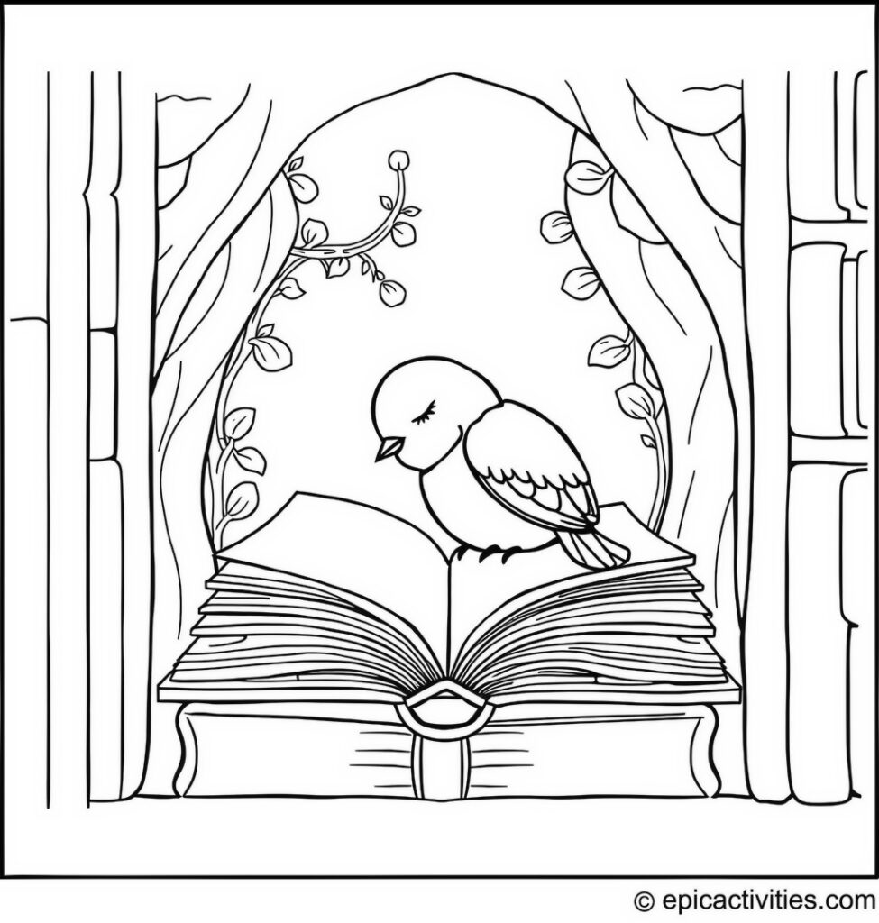 Coloring page of a Cute Bluebird Napping on an Open Book in a Cozy Library Nook