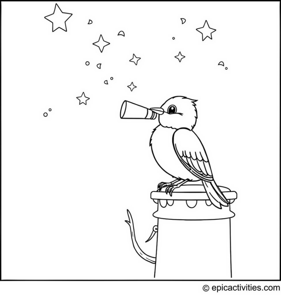 Coloring page of a cute bluebird observing stars through a telescope at an observatory