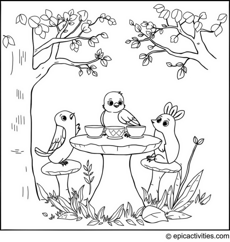Coloring page of a Cute Bluebird on a Mushroom Table Tea Party