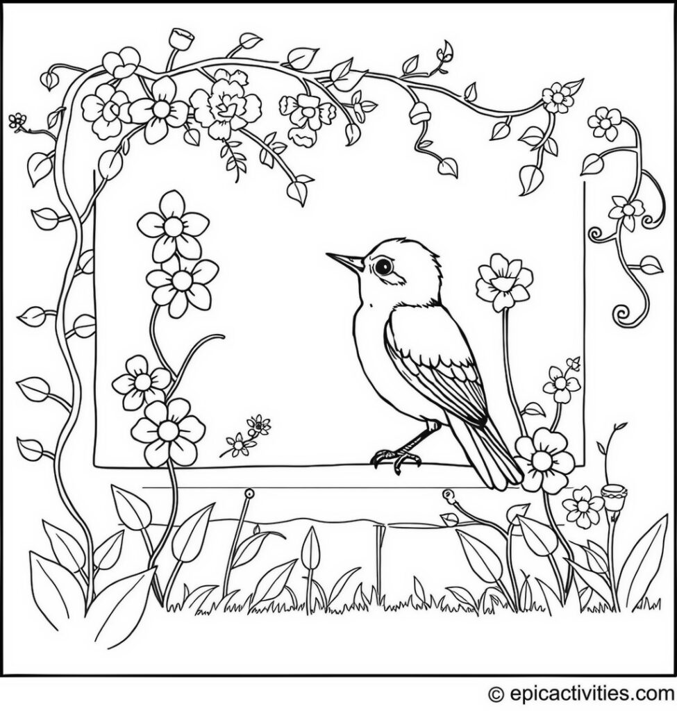 Coloring page of a Cute Bluebird Painting a Beautiful Mural on a Garden Wall