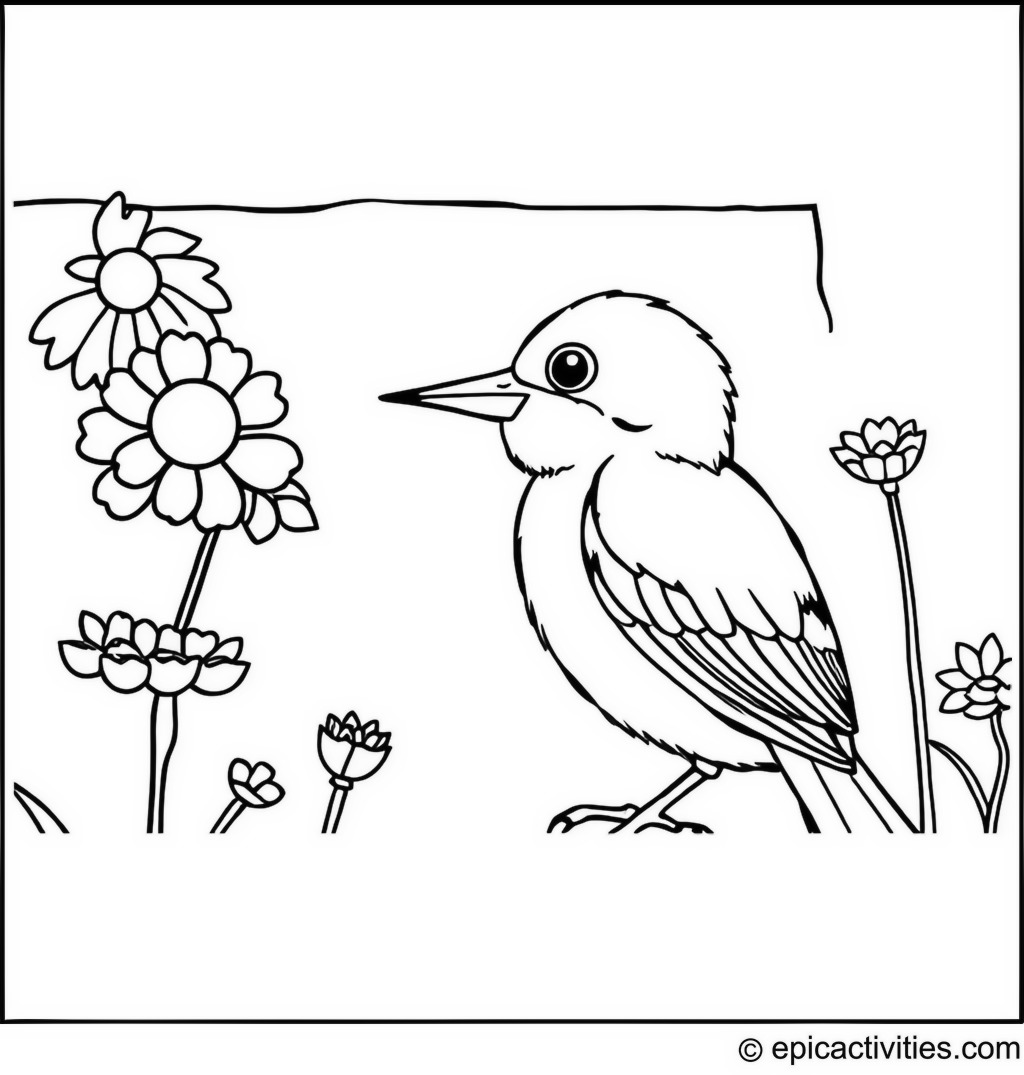 Coloring page of a cute bluebird painting a colorful mural on a garden wall