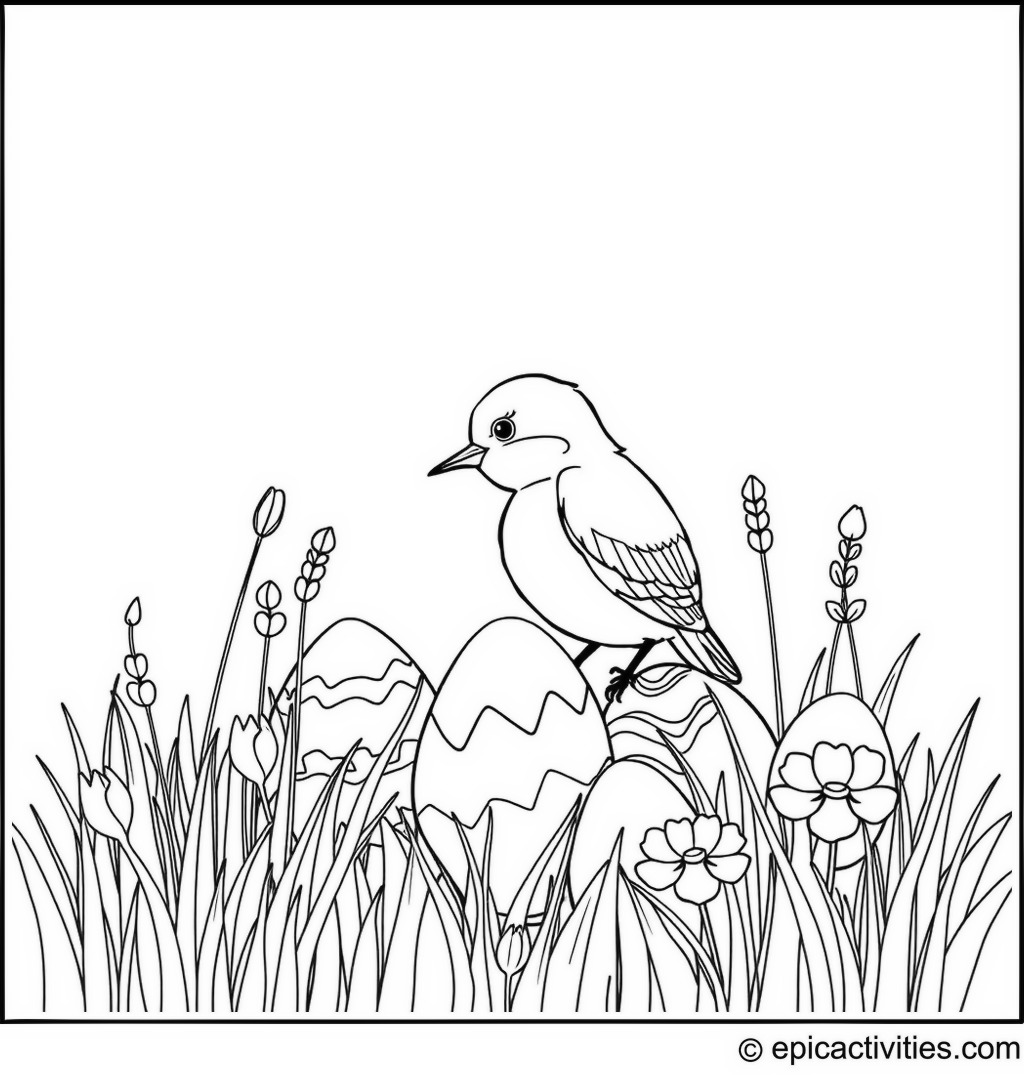 Coloring page of a Cute Bluebird Painting Easter Eggs in a Spring Meadow