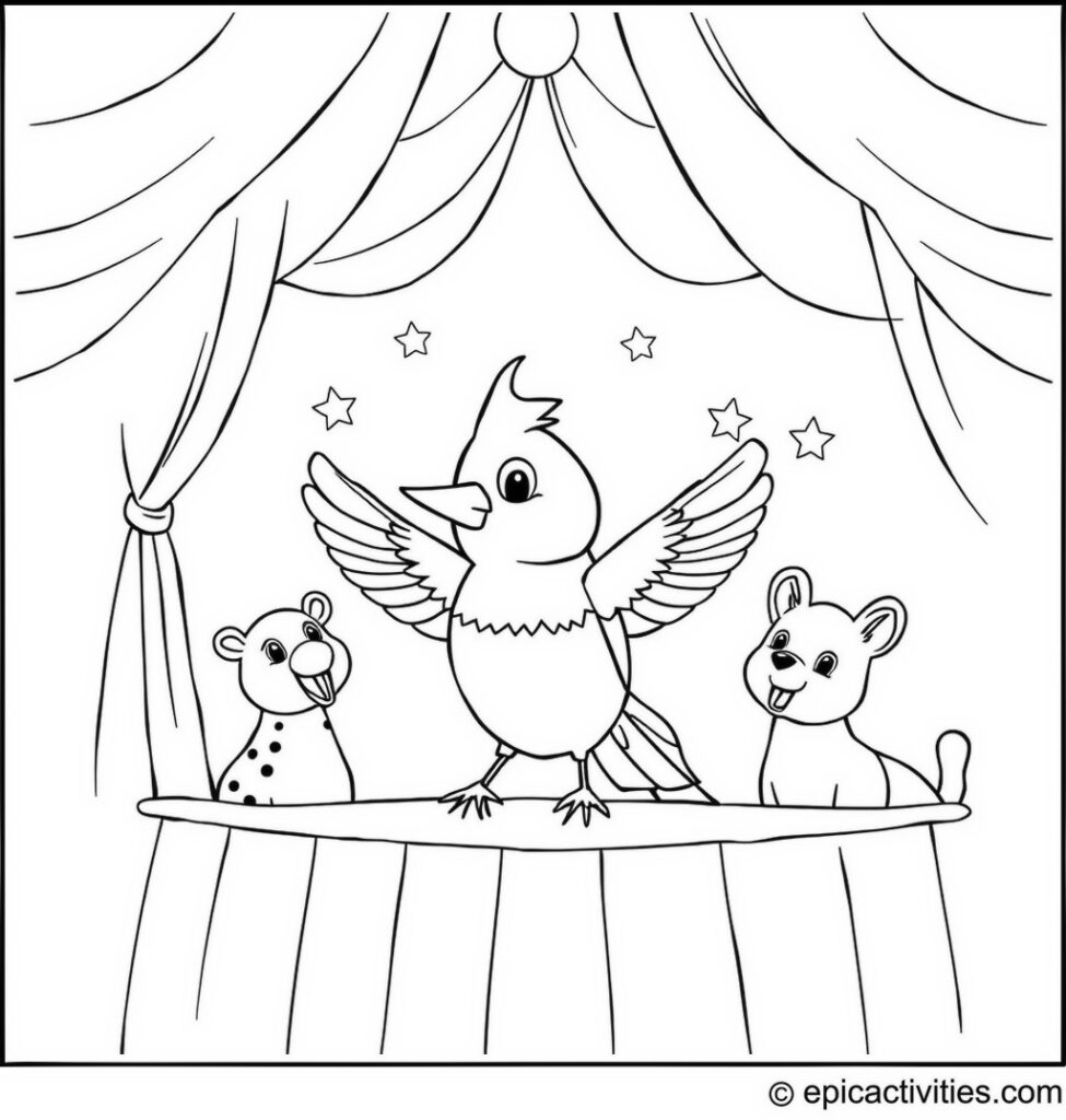 Coloring page of a Cute Bluebird Performing in a Circus with Animal Friends