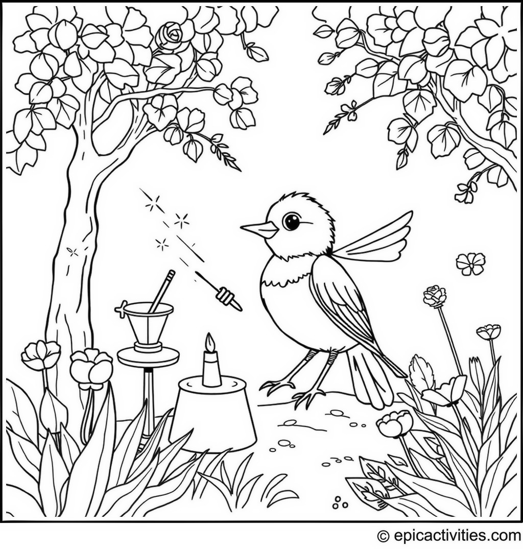 Coloring page of a Cute Bluebird Performing Magic Tricks in a Garden