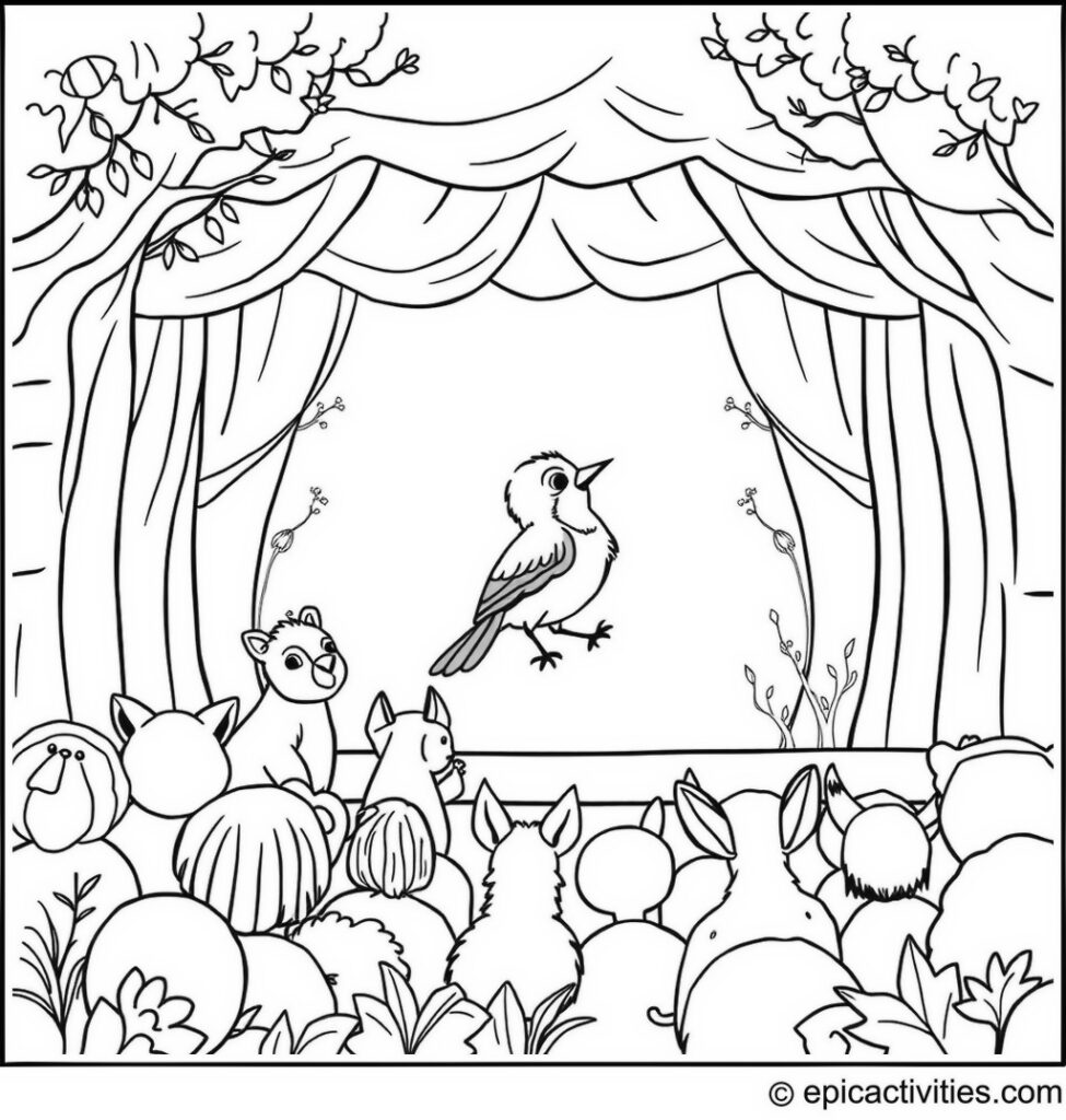 Coloring page of a cute bluebird performing on stage in a woodland theater