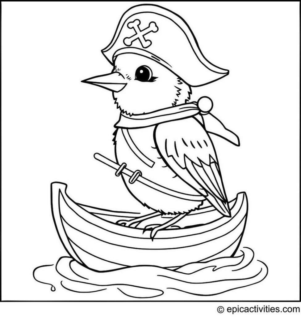 Coloring page of a cute bluebird pirate sailing a walnut shell boat