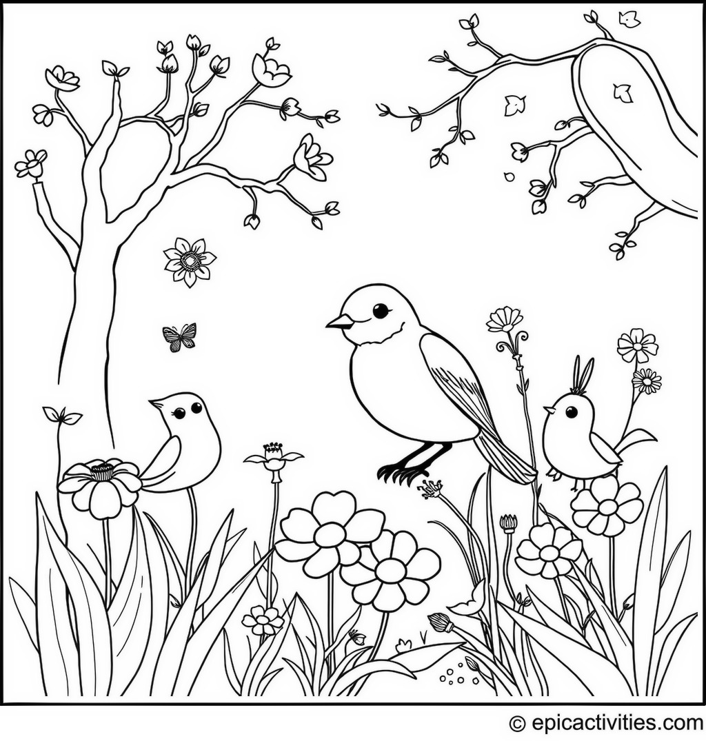 Coloring page of a cute bluebird planting flowers in an enchanted garden with mystical creatures