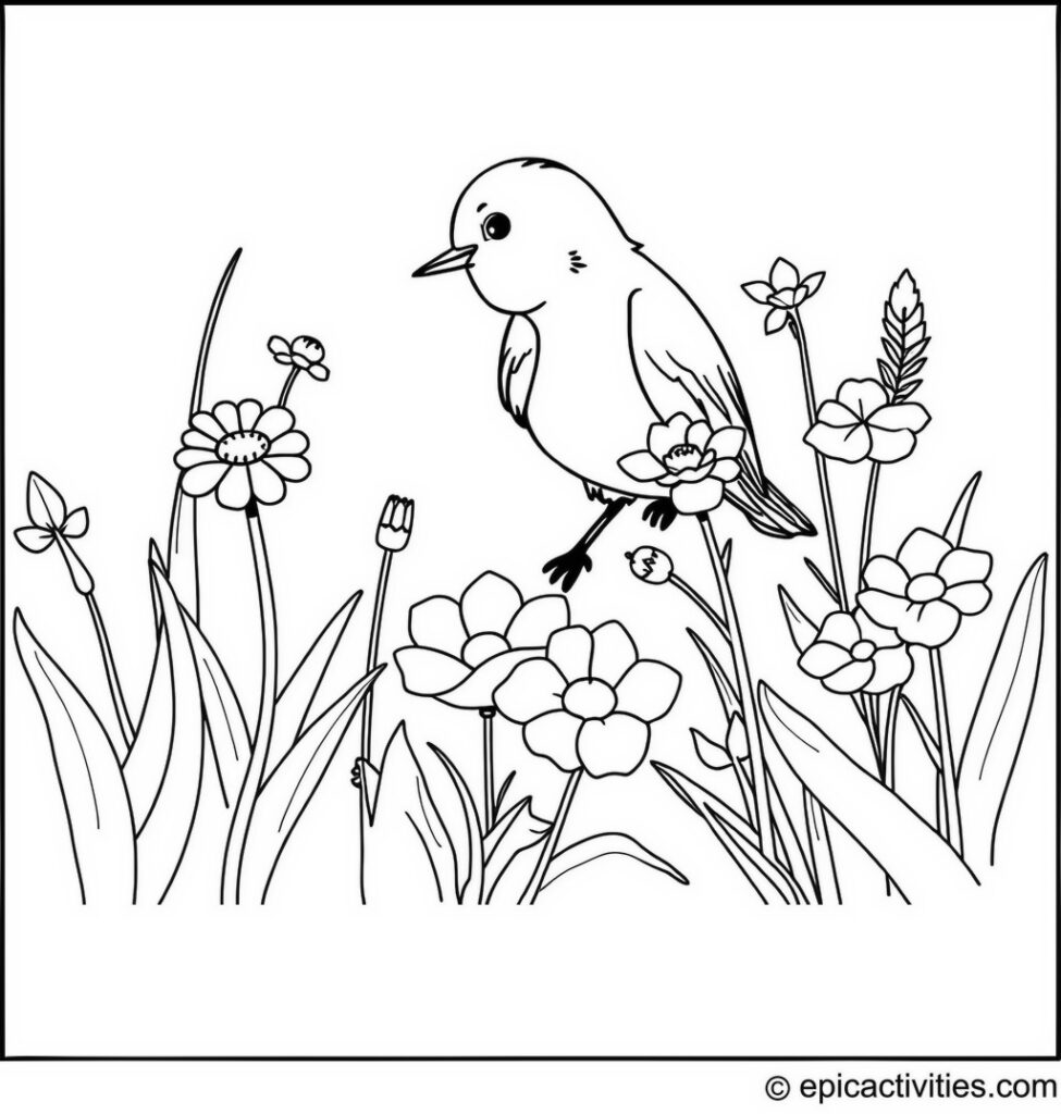 Coloring page of a Cute Bluebird Planting Flowers in a Magical Garden