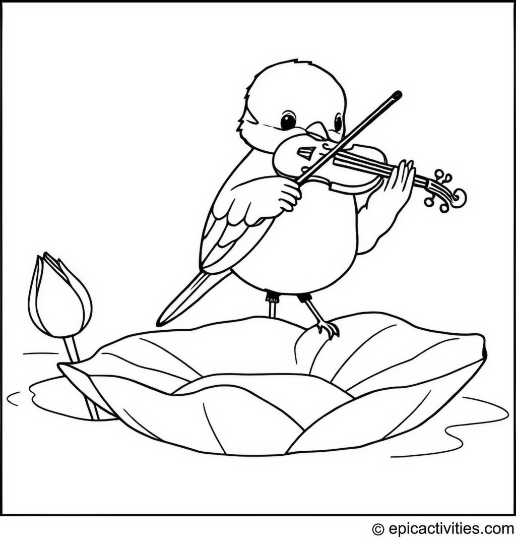 Coloring page of a cute bluebird playing a tiny violin on a lily pad in a pond