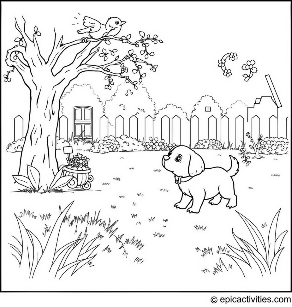 Coloring page of a Cute Bluebird Playing Fetch with a Small Dog in the Backyard Scene