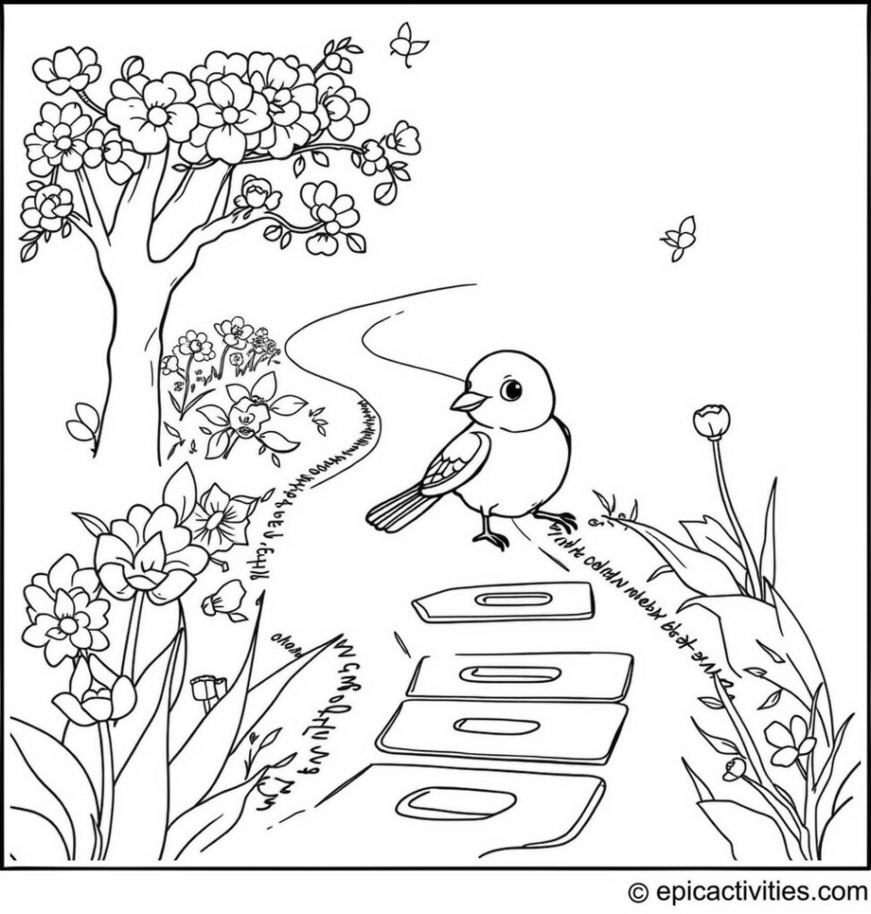 Coloring page of a cute bluebird playing hopscotch in a garden
