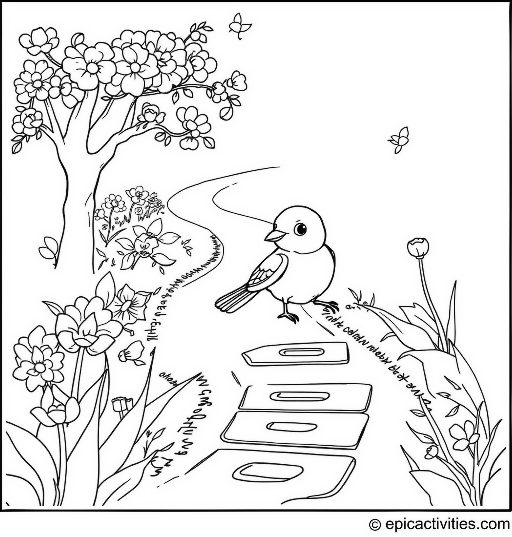 Coloring page of a cute bluebird playing hopscotch in a garden