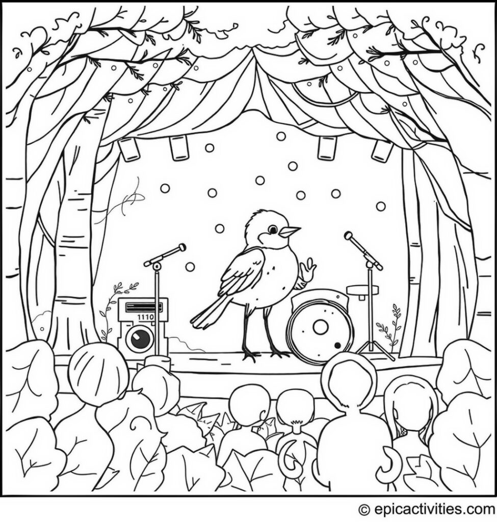 Coloring page of a cute bluebird playing in a band on stage