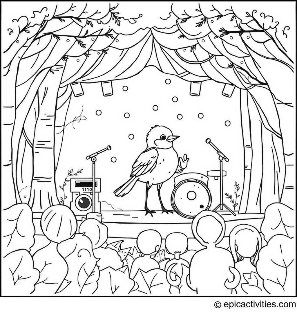 Coloring page of a cute bluebird playing in a band on stage
