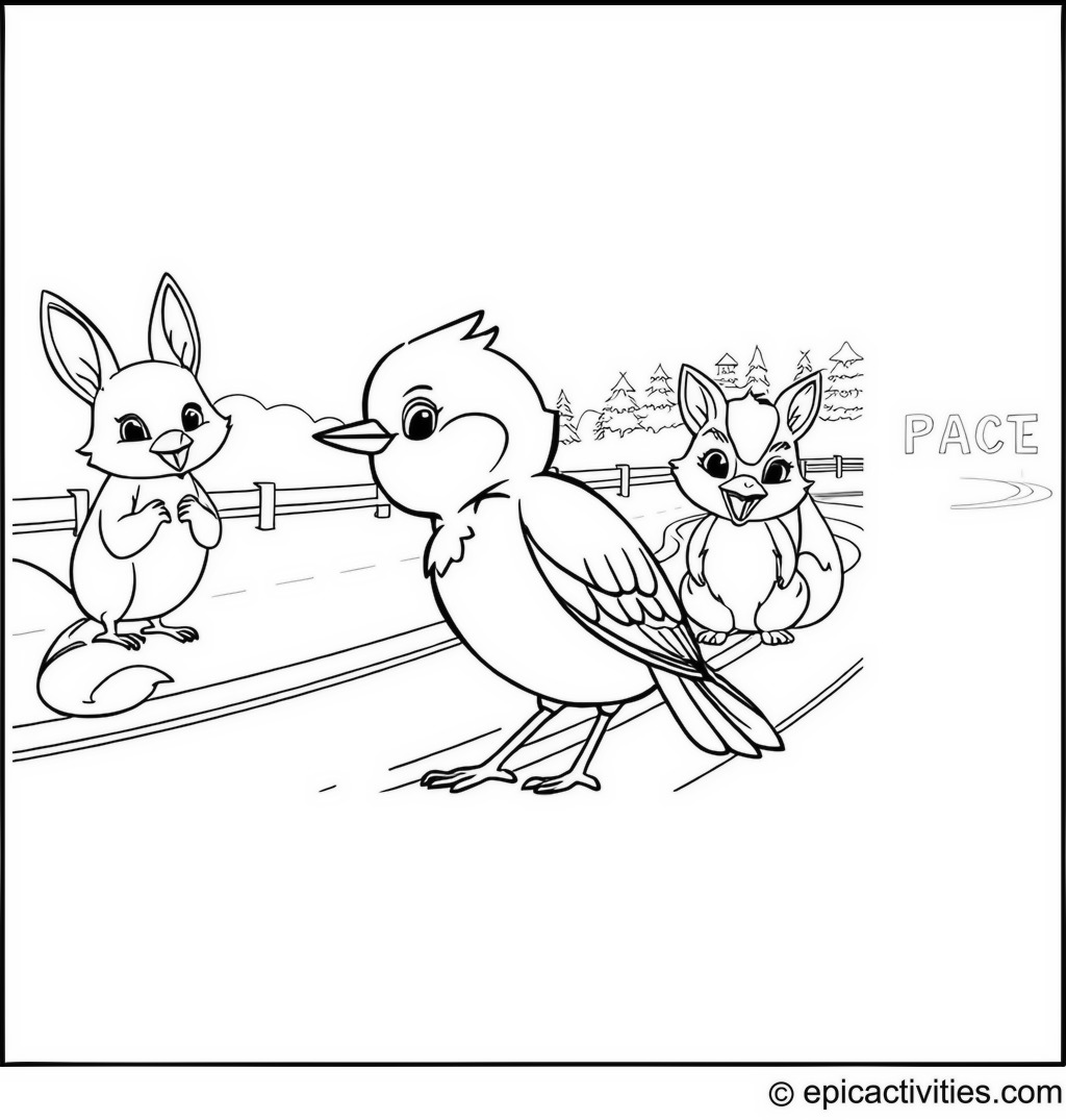 Coloring page of a cute bluebird preparing for a race with woodland creatures on a detailed racetrack