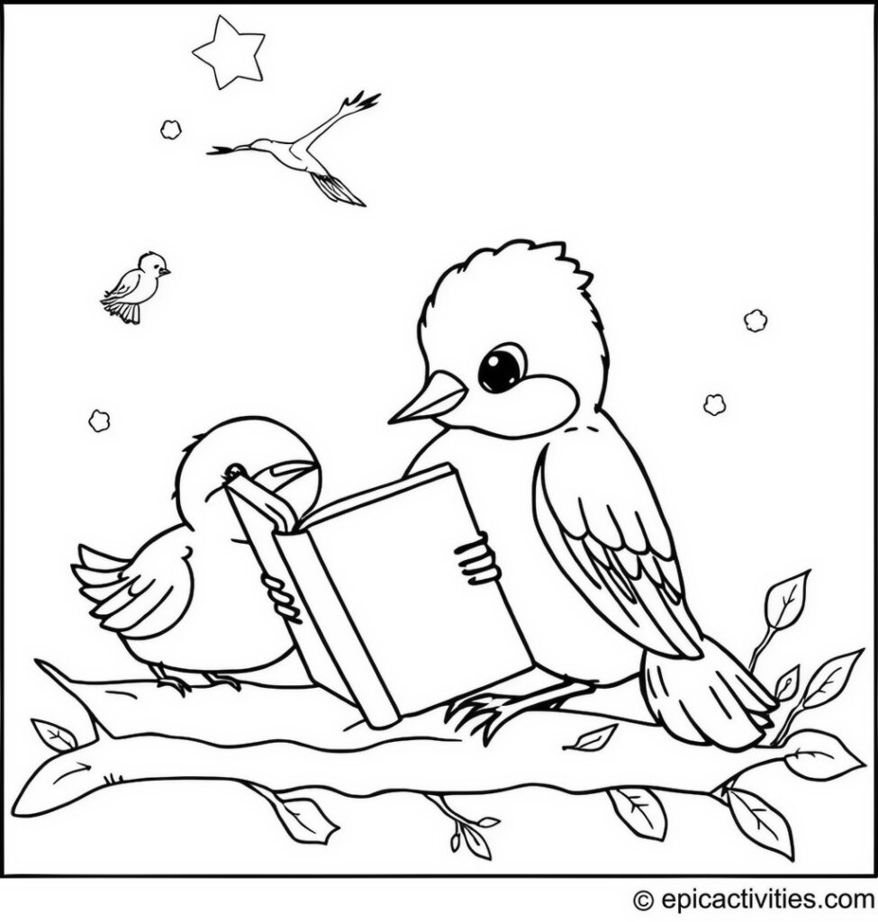 Coloring page of a Cute Bluebird Reading a Bedtime Story to Baby Birds