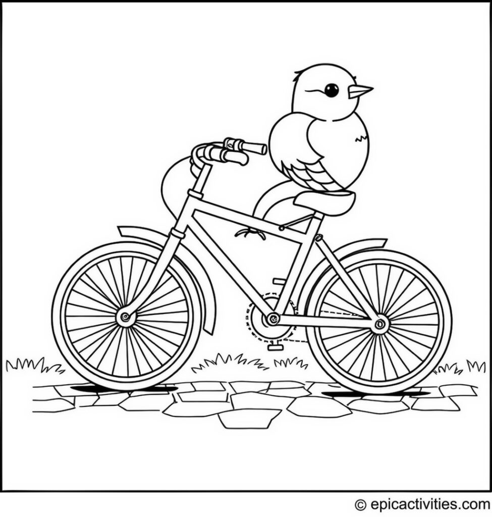 Coloring page of a cute bluebird riding a tiny bicycle down a cobblestone path