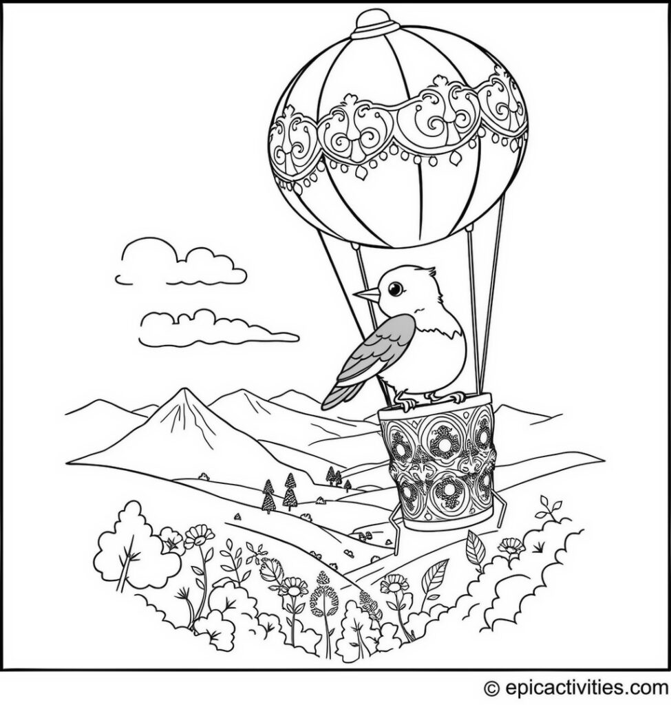 Coloring page of a Cute Bluebird Riding in an Ornate Hot Air Balloon