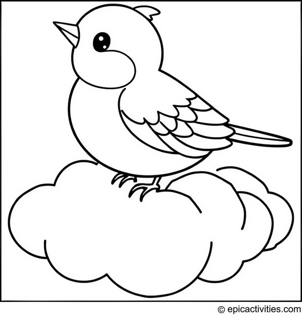 Coloring page of a cute bluebird riding on the back of a fluffy cloud