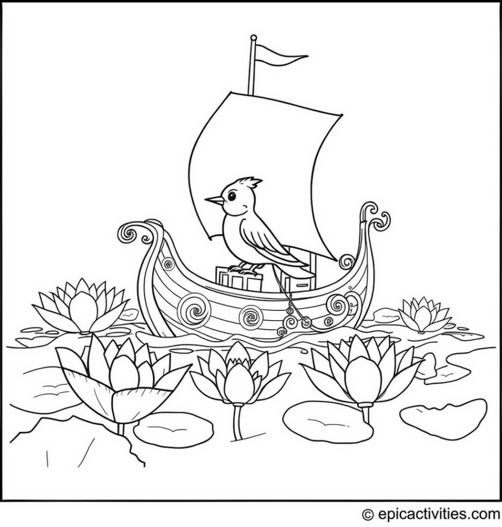 Coloring page of a cute bluebird sailing an intricate ship through a sea of giant water lilies