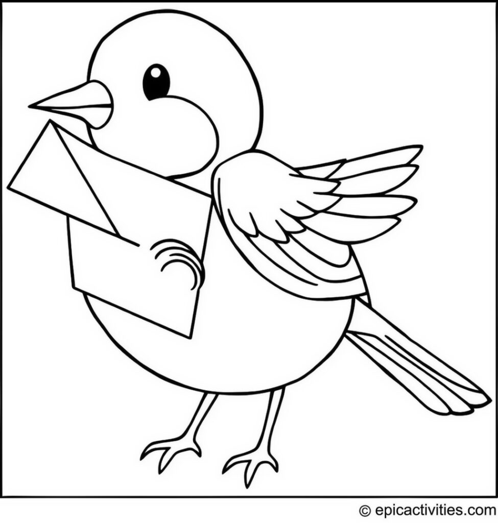 Coloring page of a Cute Bluebird Sending a Letter with Envelope and Stamp