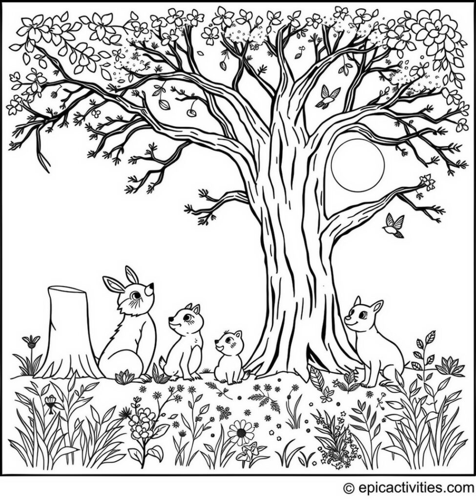 Coloring page of a cute bluebird singing to a group of forest animals under a large, moonlit tree