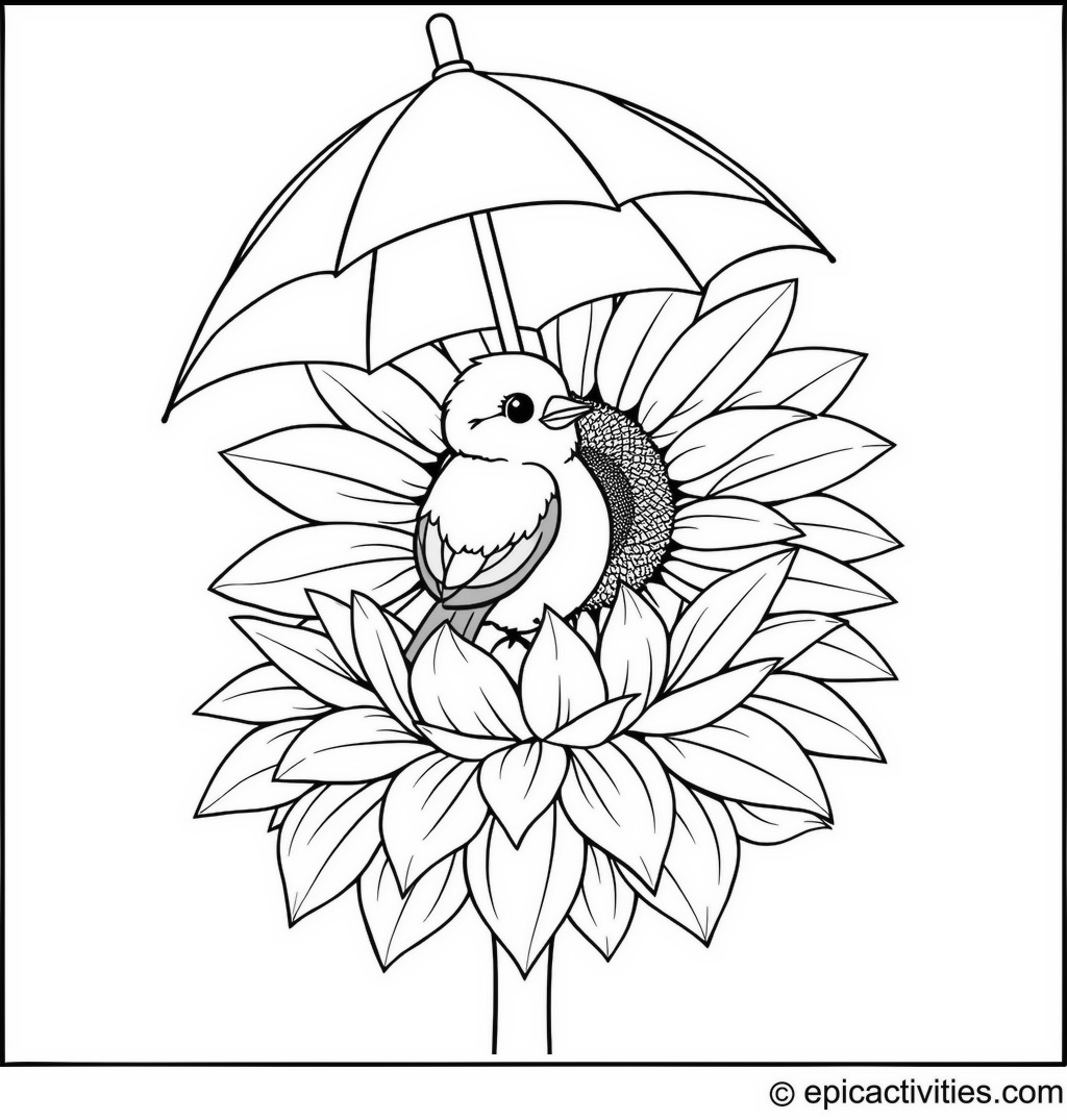 Coloring page of a cute bluebird sitting on a giant sunflower