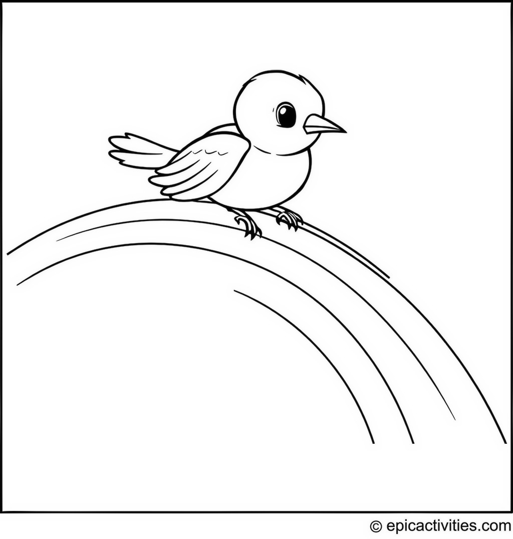 Coloring page of a cute bluebird sliding down a rainbow
