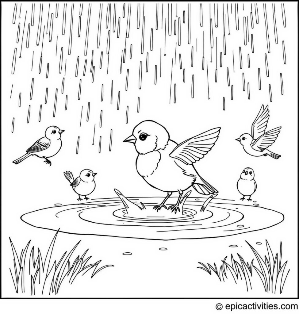 Coloring page of a Cute Bluebird Splashing in a Puddle During a Rainstorm