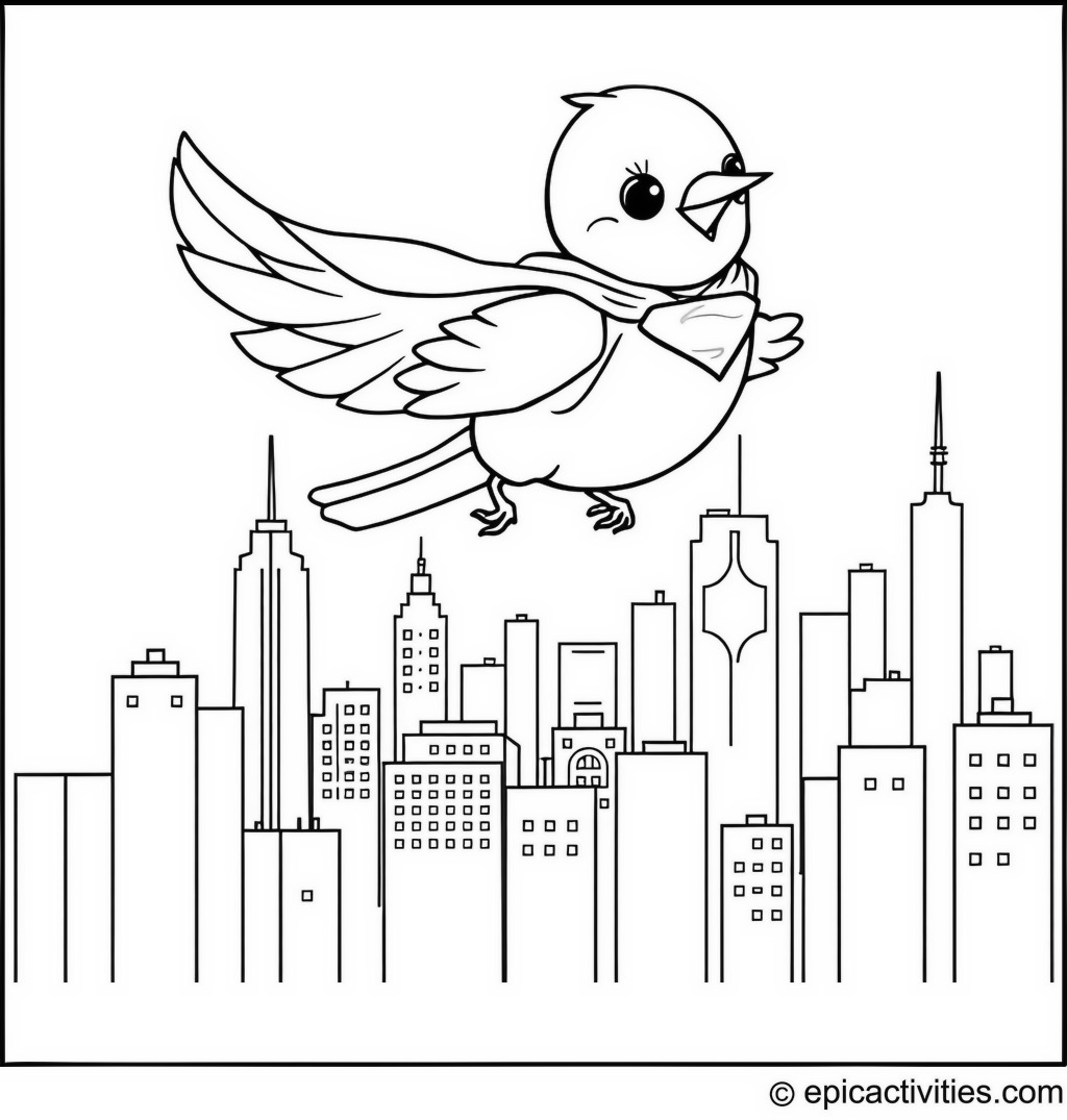 Coloring page of a Cute Bluebird Superhero Flying Over the Cityscape