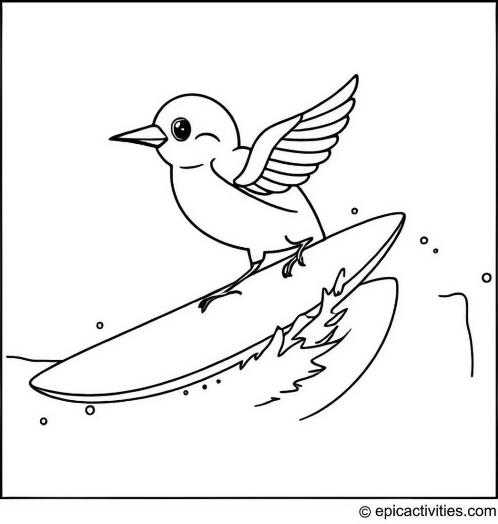 Coloring page of a cute bluebird surfing on a giant wave at the beach