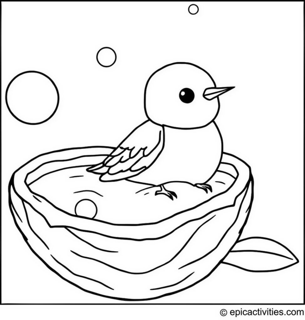 Coloring page of a cute bluebird taking a bubble bath in a walnut shell
