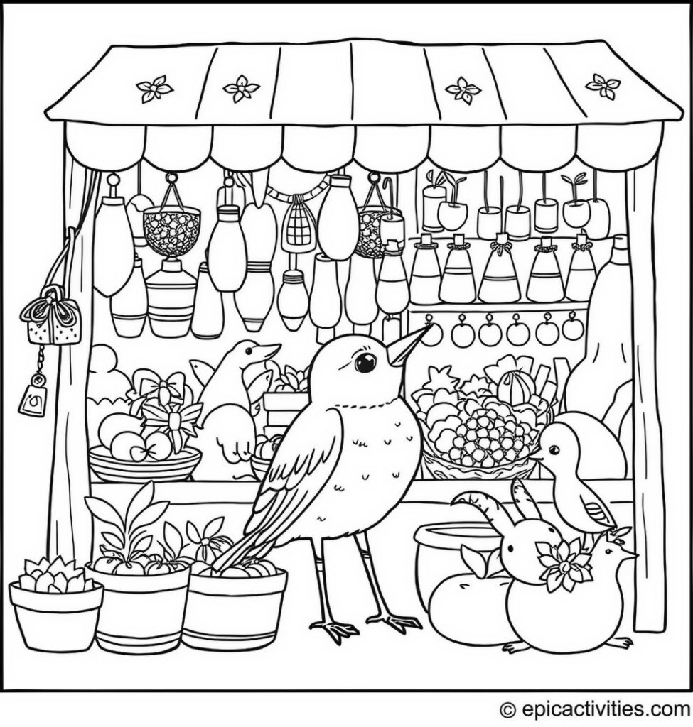 Coloring page of a cute bluebird visiting a detailed market stall